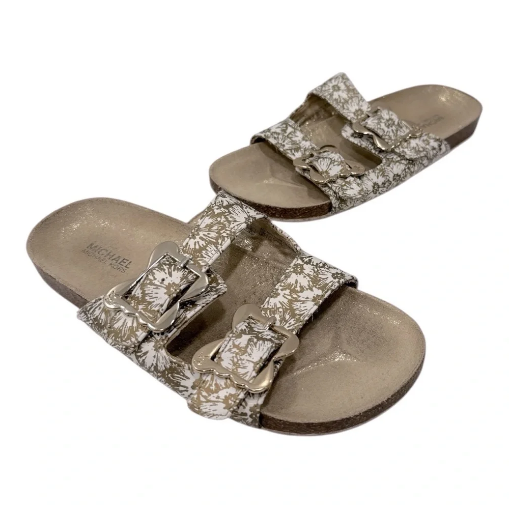 Michael Kors Sandals Youth 3 Double Buckle Strap Slide White Gold Flats Slip On